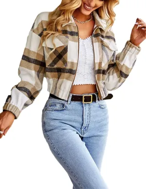 Womens Cropped Flannel Plaid Shacket Zip Up Shirts Jackets with Pockets