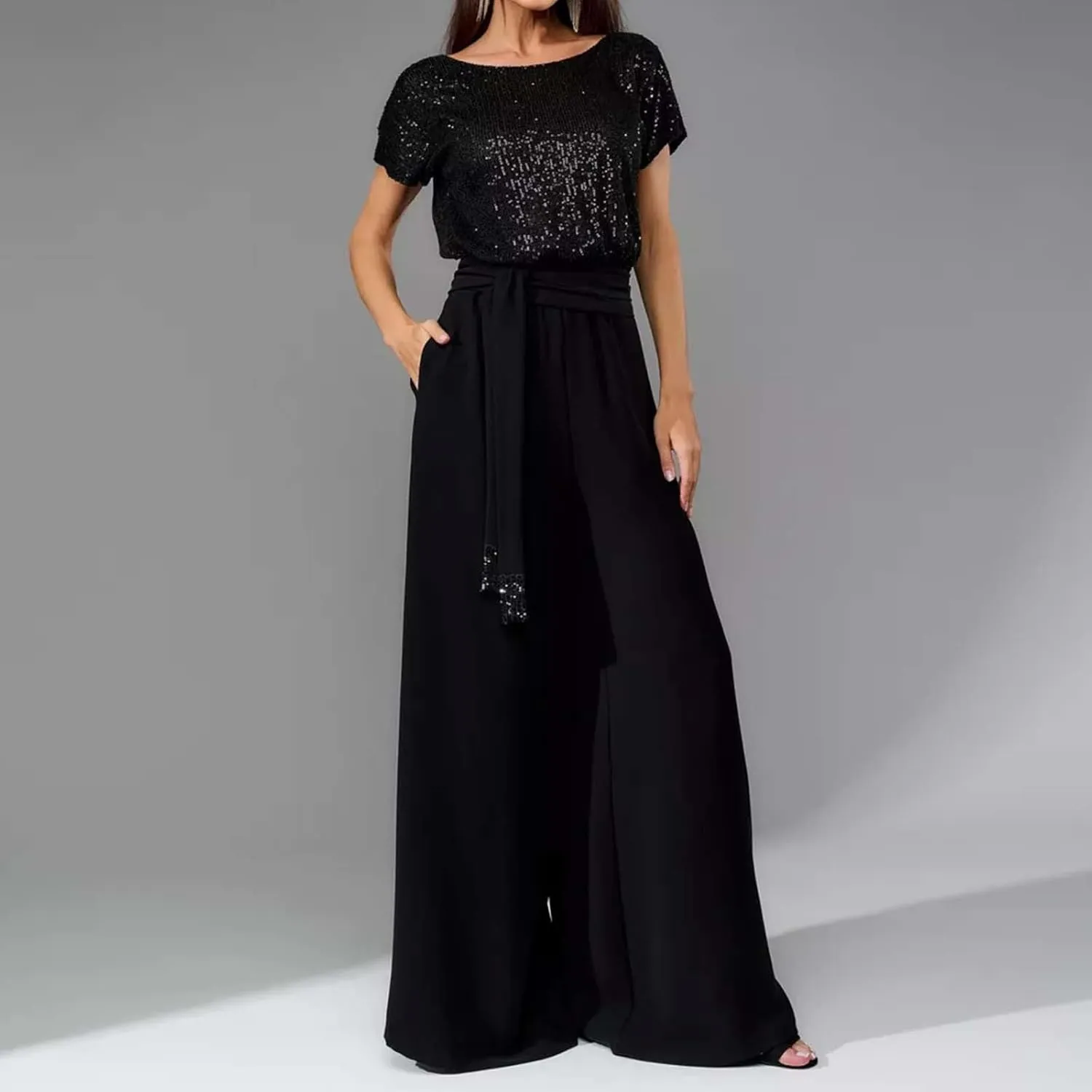 Women's Fashion Jumpsuit Sequins Stylish Short Sleeve Casual Jumpsuit Pants