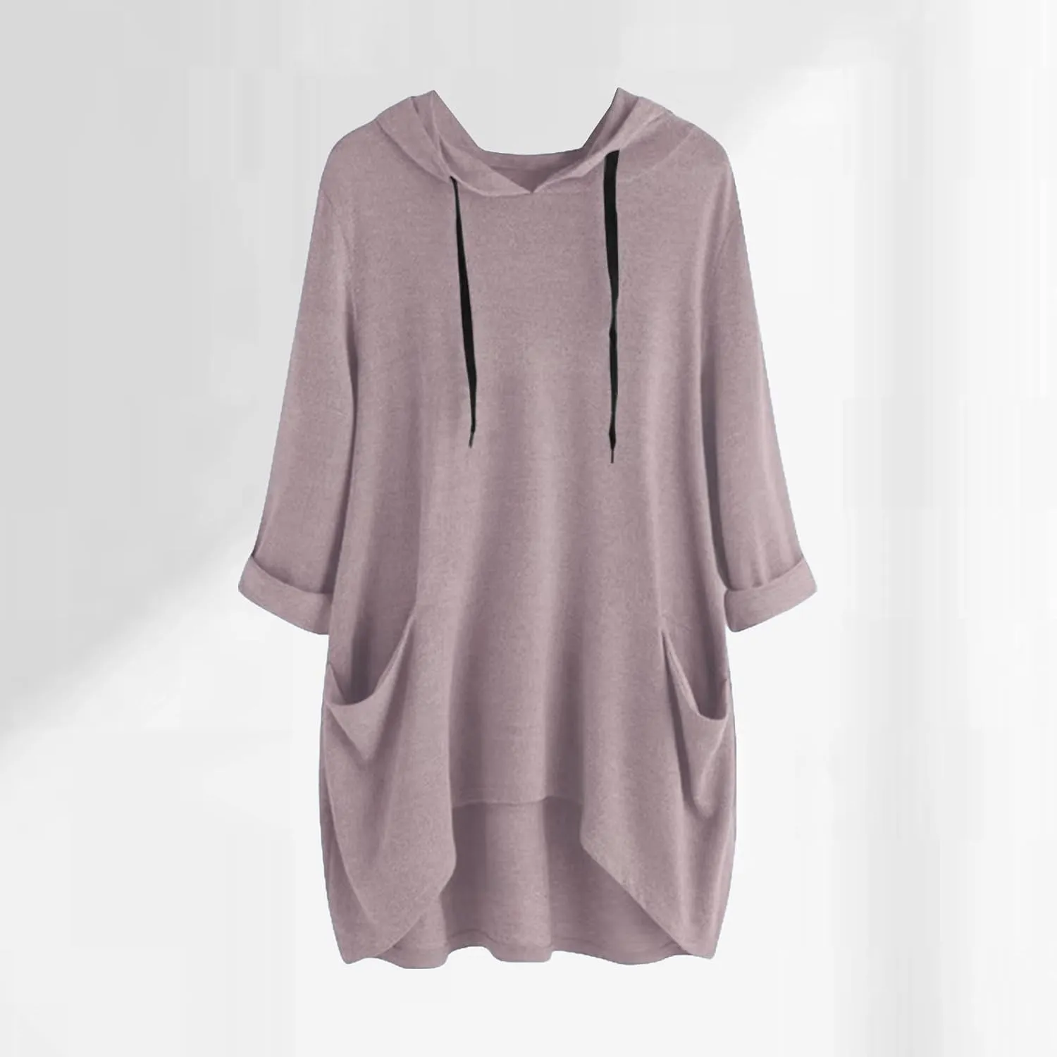 Women's Fashion Long Sleeve Hoodies Solid Color Sweatshirt Hooded Drawstring Pullover Top with Pocket Loose Clothes