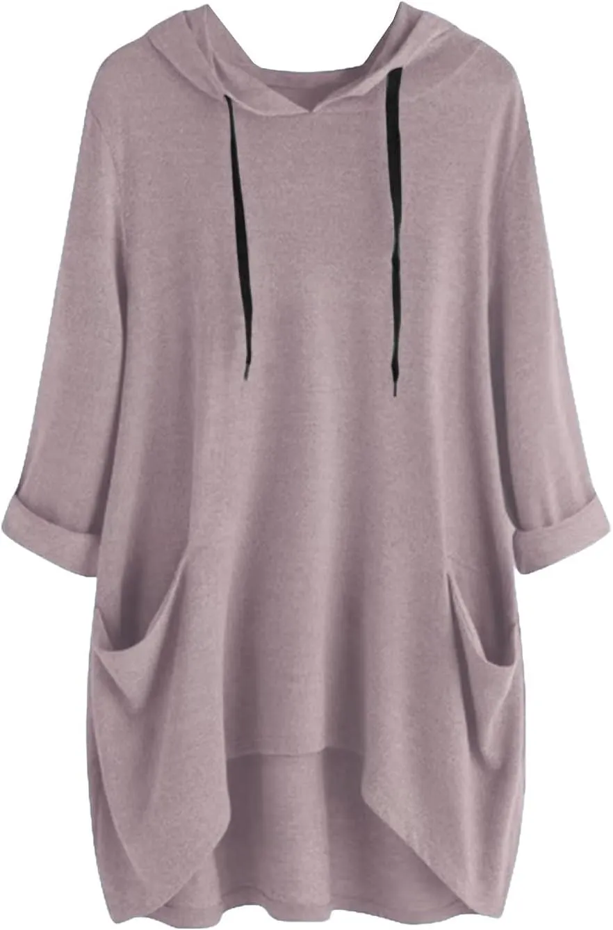 Women's Fashion Long Sleeve Hoodies Solid Color Sweatshirt Hooded Drawstring Pullover Top with Pocket Loose Clothes