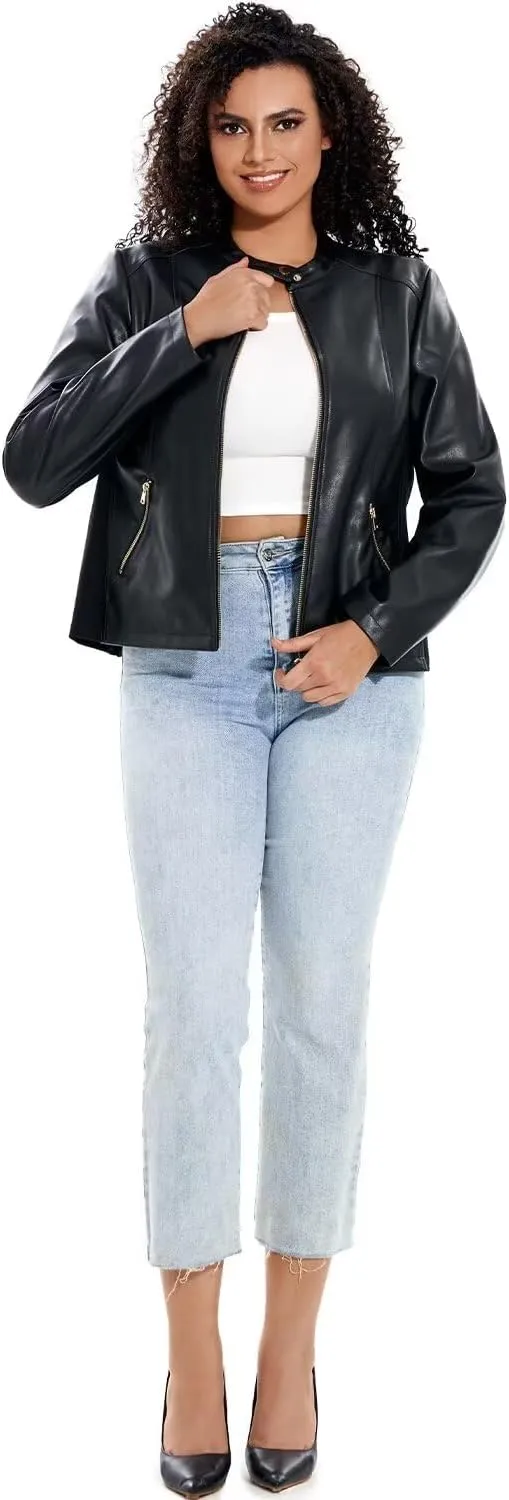 Women's Faux Leather Jacket Plus Size Motorcycle Biker Outwear Pu Zip Up Moto Coat