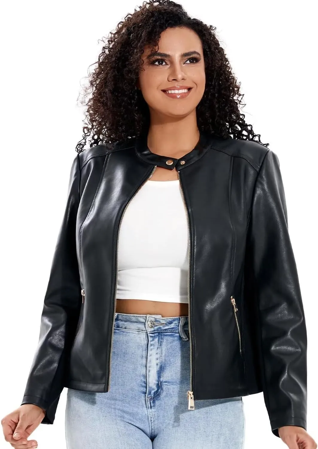 Women's Faux Leather Jacket Plus Size Motorcycle Biker Outwear Pu Zip Up Moto Coat