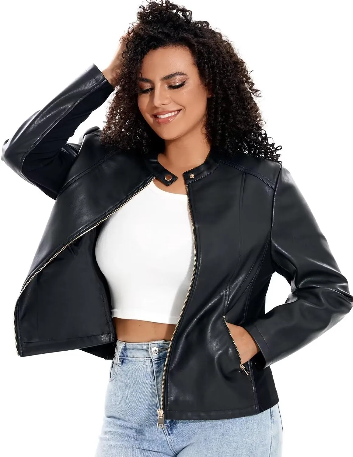 Women's Faux Leather Jacket Plus Size Motorcycle Biker Outwear Pu Zip Up Moto Coat