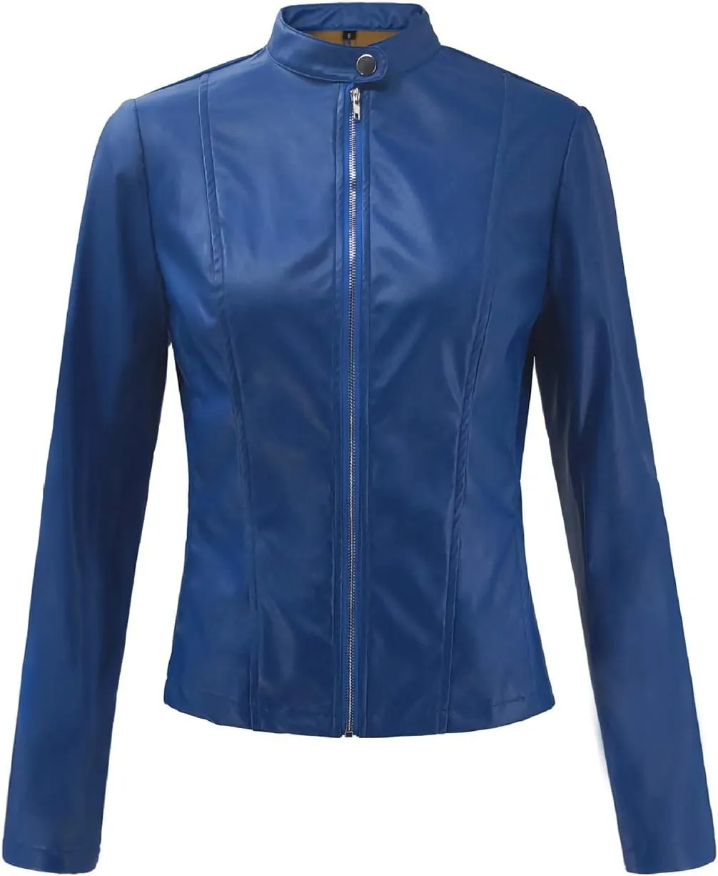 Womens Faux Leather Jackets Blazer Zip Up Motorcycle Solid Slim Coat Outwear