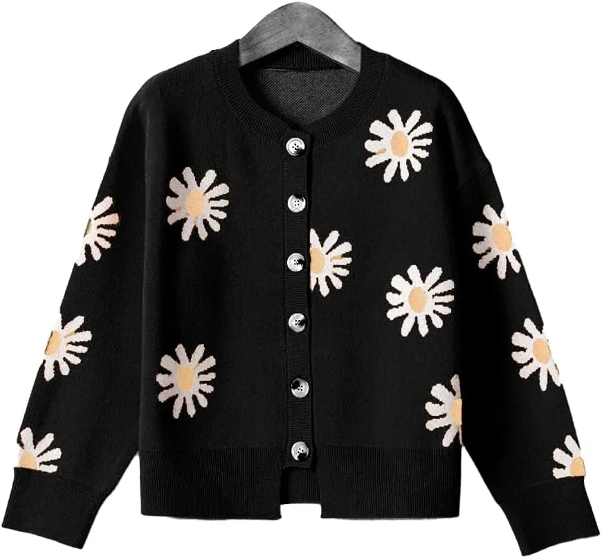 Womens Floral Cardigan Sweaters Open Front Long Sleeve Knit Y2K Lightweigat Daisy Cute Outwear Coats Fall Fahsion 2024