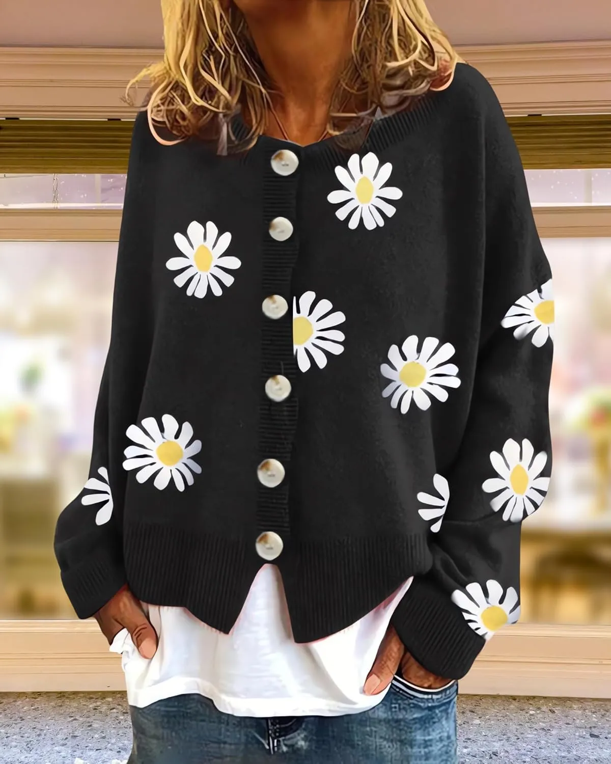 Womens Floral Cardigan Sweaters Open Front Long Sleeve Knit Y2K Lightweigat Daisy Cute Outwear Coats Fall Fahsion 2024