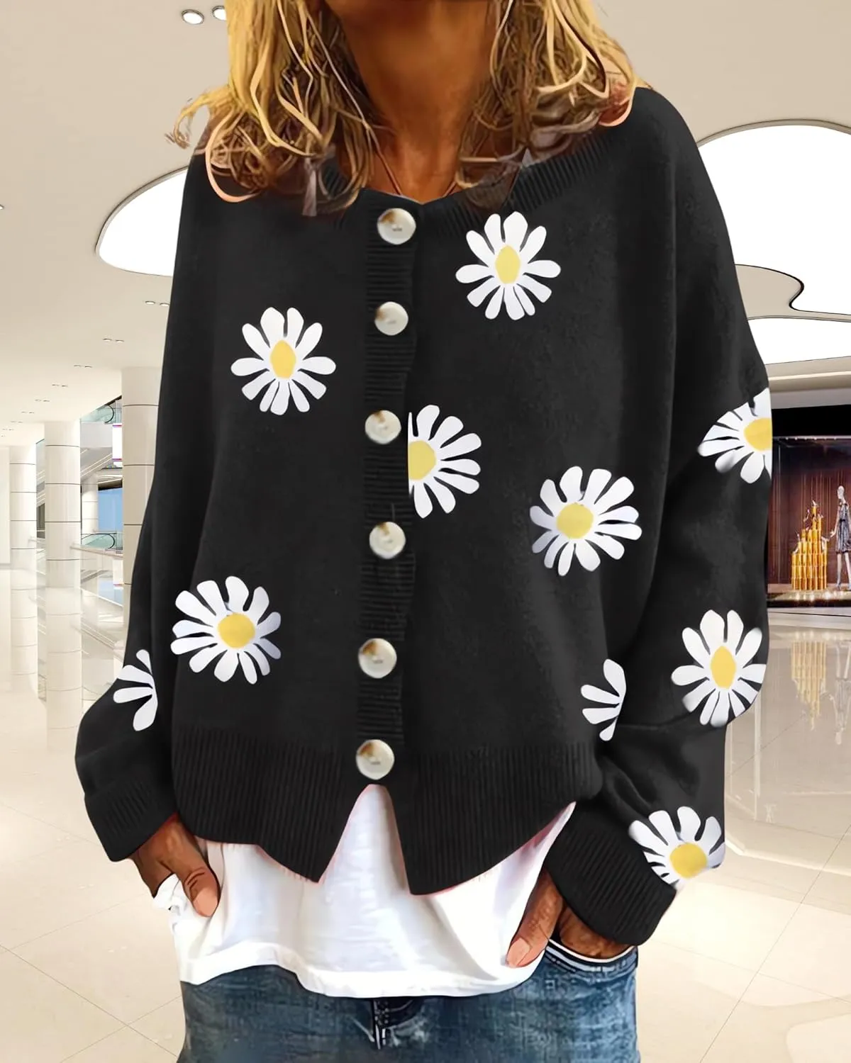 Womens Floral Cardigan Sweaters Open Front Long Sleeve Knit Y2K Lightweigat Daisy Cute Outwear Coats Fall Fahsion 2024