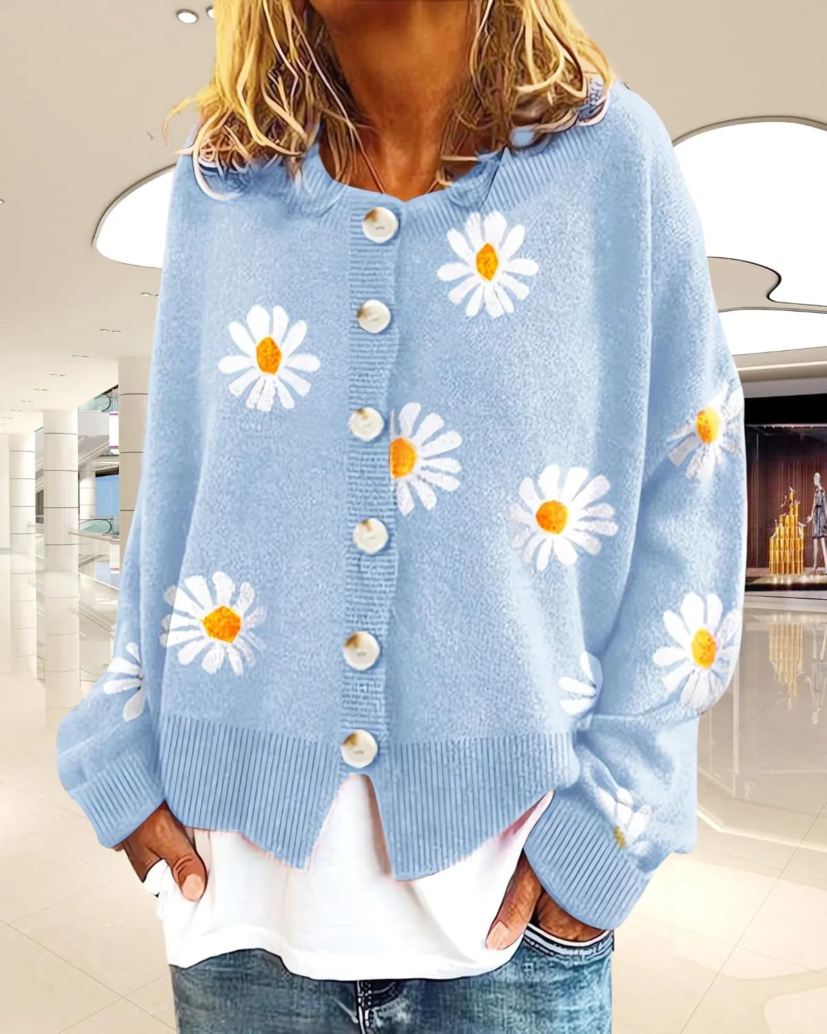 Womens Floral Cardigan Sweaters Open Front Long Sleeve Knit Y2K Lightweigat Daisy Cute Outwear Coats Fall Fahsion 2024