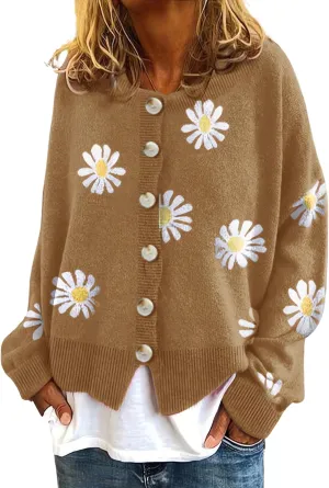 Womens Floral Cardigan Sweaters Open Front Long Sleeve Knit Y2K Lightweigat Daisy Cute Outwear Coats Fall Fahsion 2024