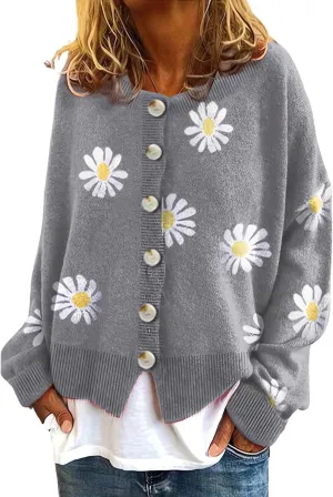 Womens Floral Cardigan Sweaters Open Front Long Sleeve Knit Y2K Lightweigat Daisy Cute Outwear Coats Fall Fahsion 2024