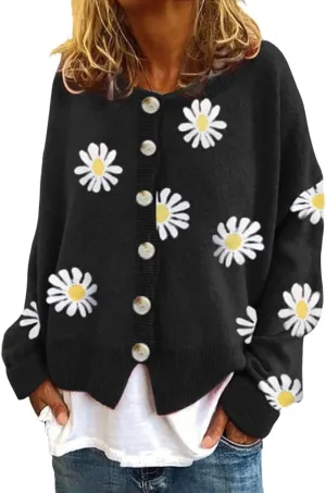Womens Floral Cardigan Sweaters Open Front Long Sleeve Knit Y2K Lightweigat Daisy Cute Outwear Coats Fall Fahsion 2024