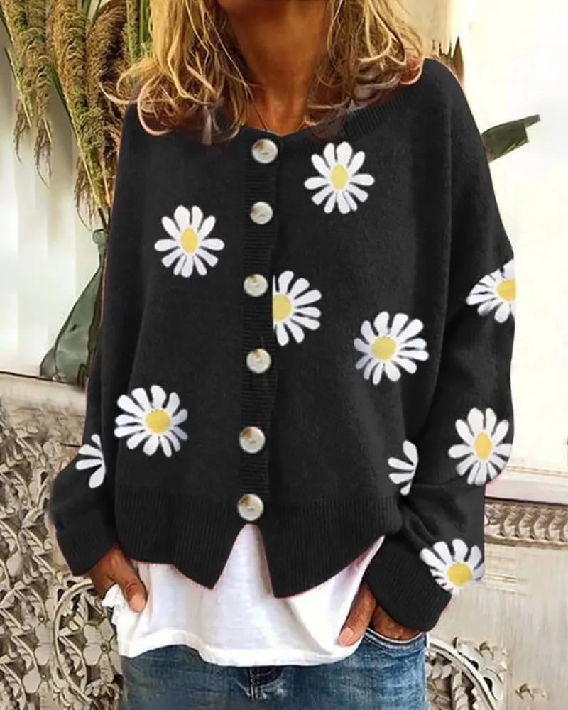 Womens Floral Cardigan Sweaters Open Front Long Sleeve Knit Y2K Lightweigat Daisy Cute Outwear Coats Fall Fahsion 2024