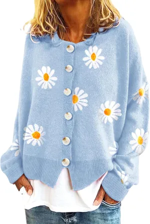 Womens Floral Cardigan Sweaters Open Front Long Sleeve Knit Y2K Lightweigat Daisy Cute Outwear Coats Fall Fahsion 2024