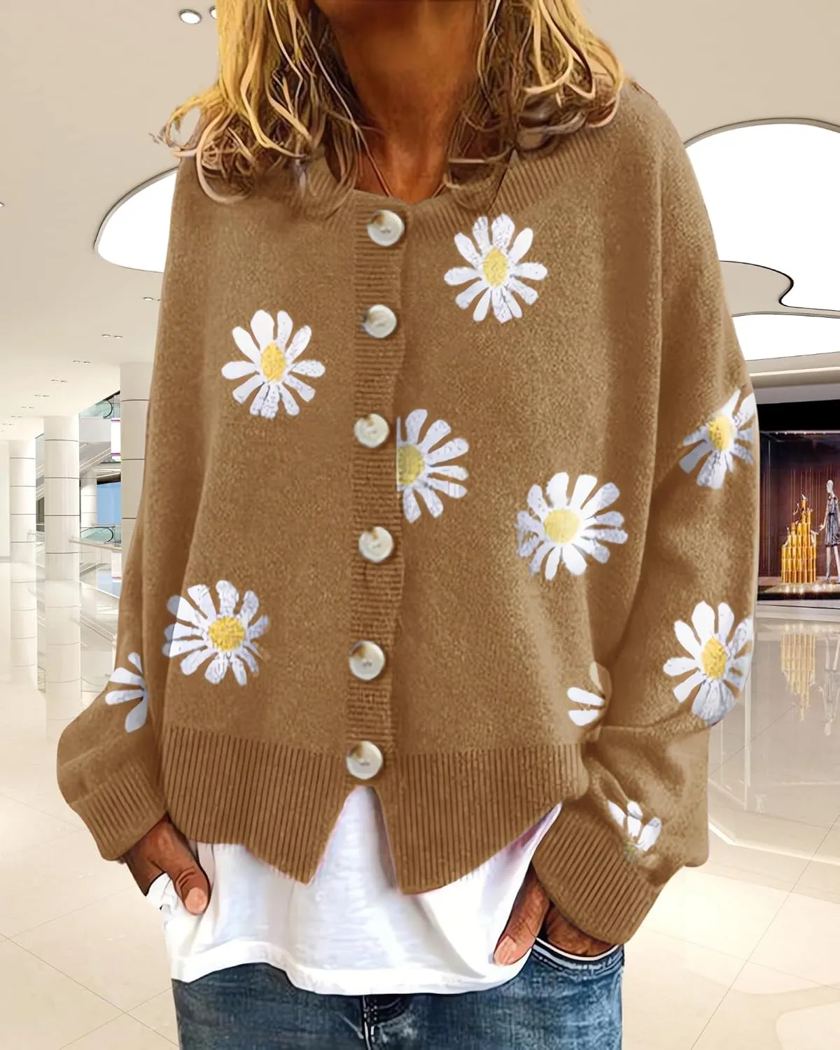 Womens Floral Cardigan Sweaters Open Front Long Sleeve Knit Y2K Lightweigat Daisy Cute Outwear Coats Fall Fahsion 2024