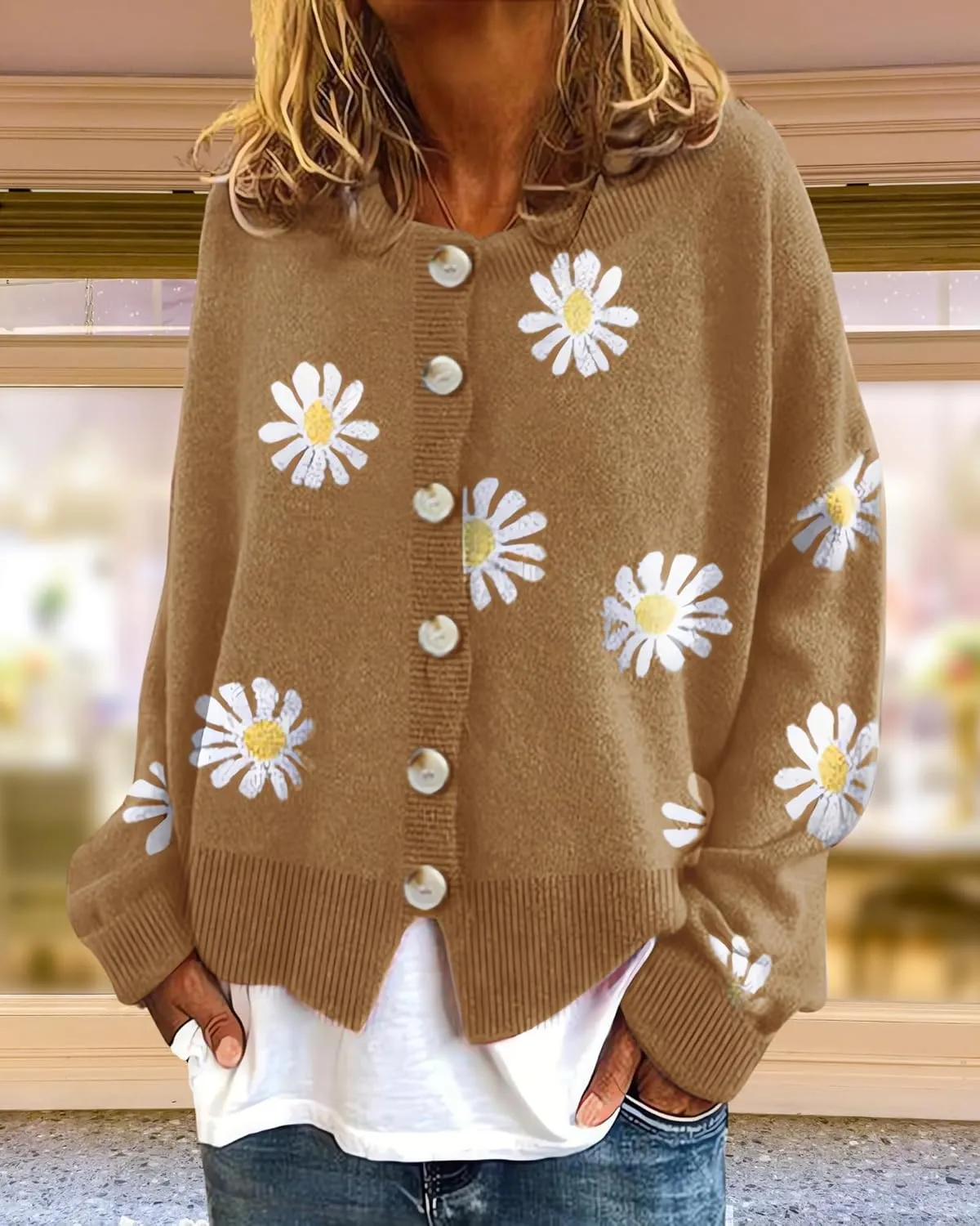 Womens Floral Cardigan Sweaters Open Front Long Sleeve Knit Y2K Lightweigat Daisy Cute Outwear Coats Fall Fahsion 2024