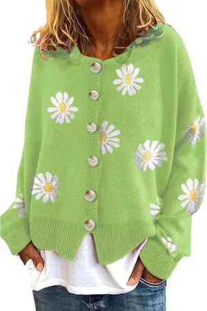 Womens Floral Cardigan Sweaters Open Front Long Sleeve Knit Y2K Lightweigat Daisy Cute Outwear Coats Fall Fahsion 2024