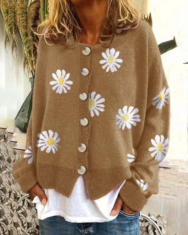 Womens Floral Cardigan Sweaters Open Front Long Sleeve Knit Y2K Lightweigat Daisy Cute Outwear Coats Fall Fahsion 2024
