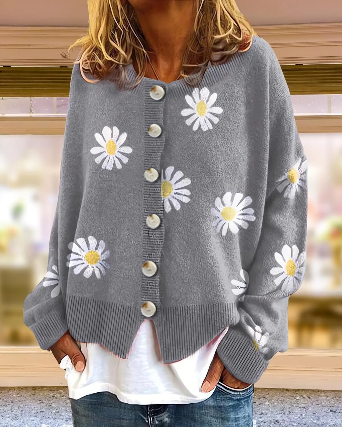 Womens Floral Cardigan Sweaters Open Front Long Sleeve Knit Y2K Lightweigat Daisy Cute Outwear Coats Fall Fahsion 2024