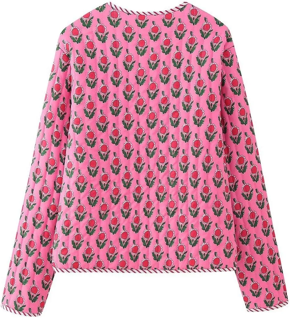 Women's Floral Winter Cropped Down Jacket Y2k Fairycore Aesthetics Puffer Coats Button Padded Quilted Cardigan