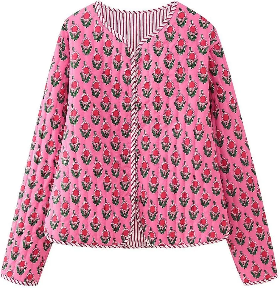 Women's Floral Winter Cropped Down Jacket Y2k Fairycore Aesthetics Puffer Coats Button Padded Quilted Cardigan