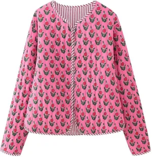 Women's Floral Winter Cropped Down Jacket Y2k Fairycore Aesthetics Puffer Coats Button Padded Quilted Cardigan