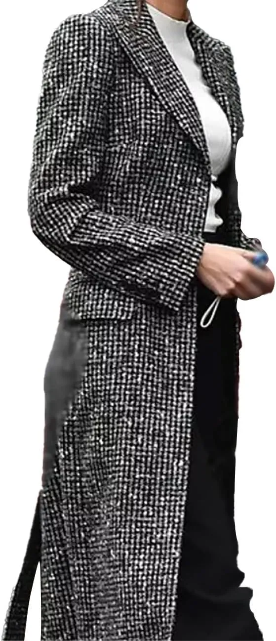 Women's Fool Me Once Checkered Wool Grey Trench Coat - Michelle Keegan Cosplay Long Winter Jacket Women