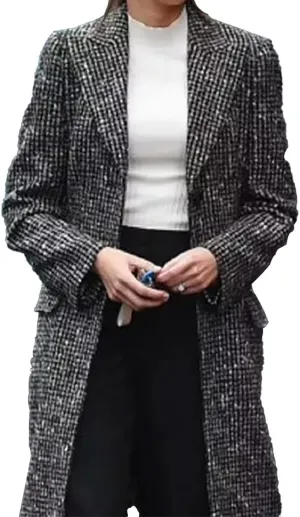Women's Fool Me Once Checkered Wool Grey Trench Coat - Michelle Keegan Cosplay Long Winter Jacket Women