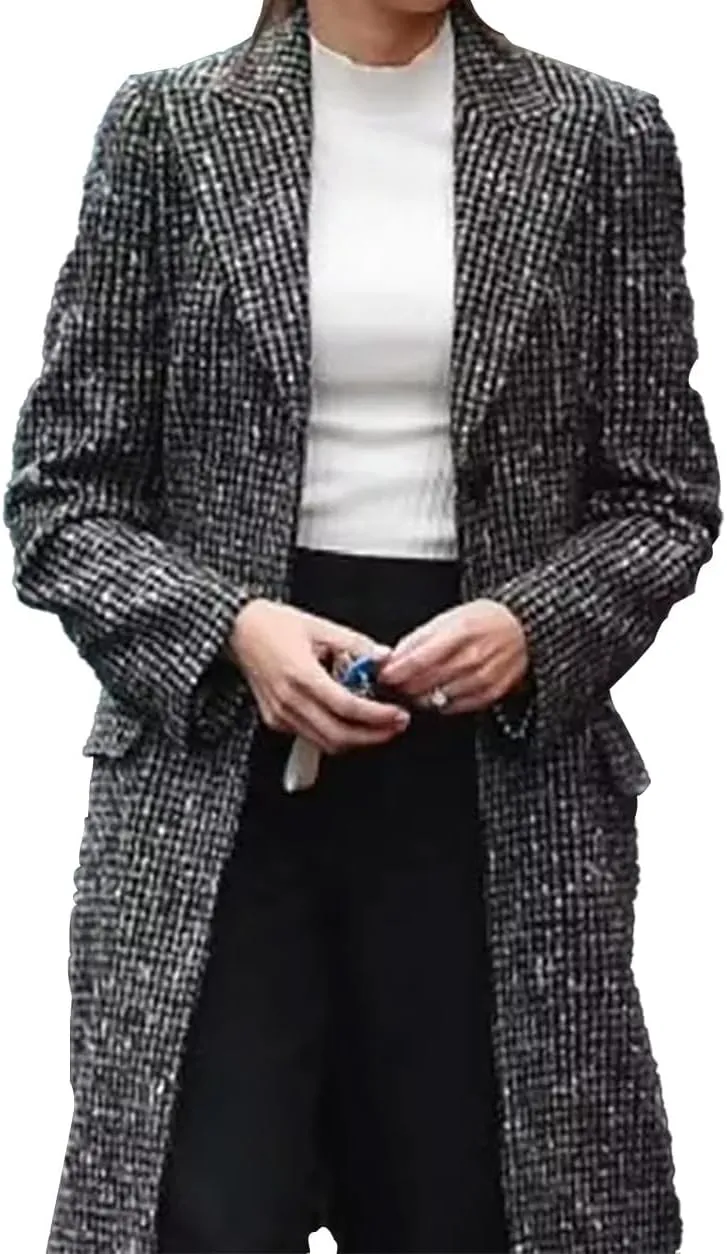 Women's Fool Me Once Checkered Wool Grey Trench Coat - Michelle Keegan Cosplay Long Winter Jacket Women