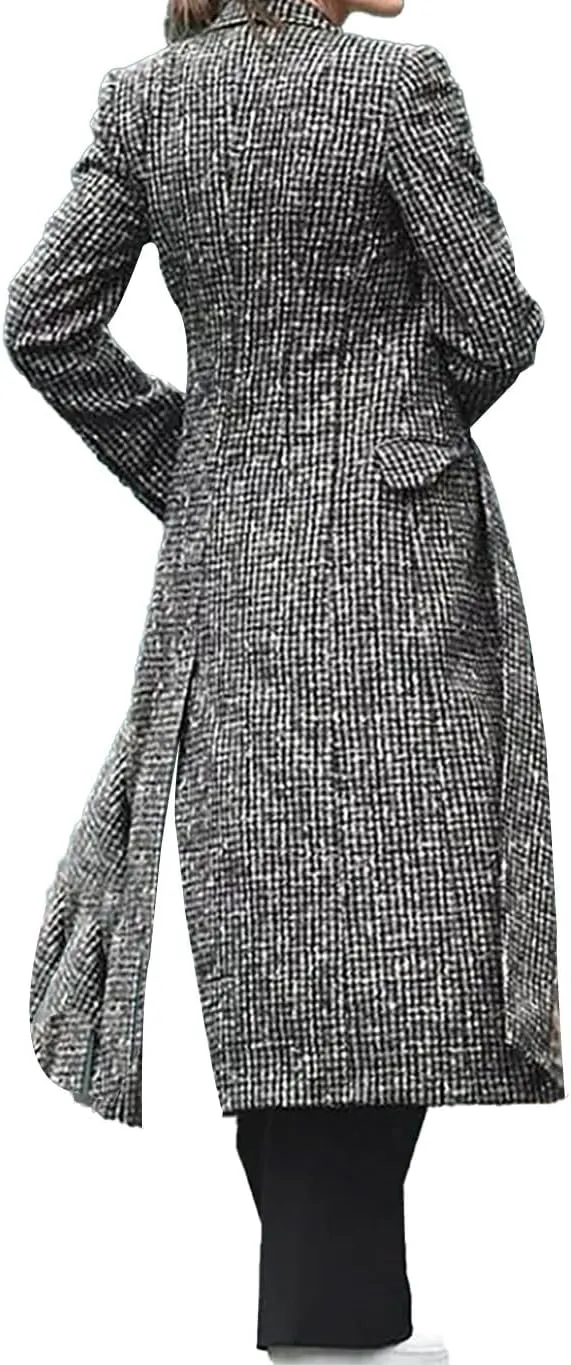 Women's Fool Me Once Checkered Wool Grey Trench Coat - Michelle Keegan Cosplay Long Winter Jacket Women