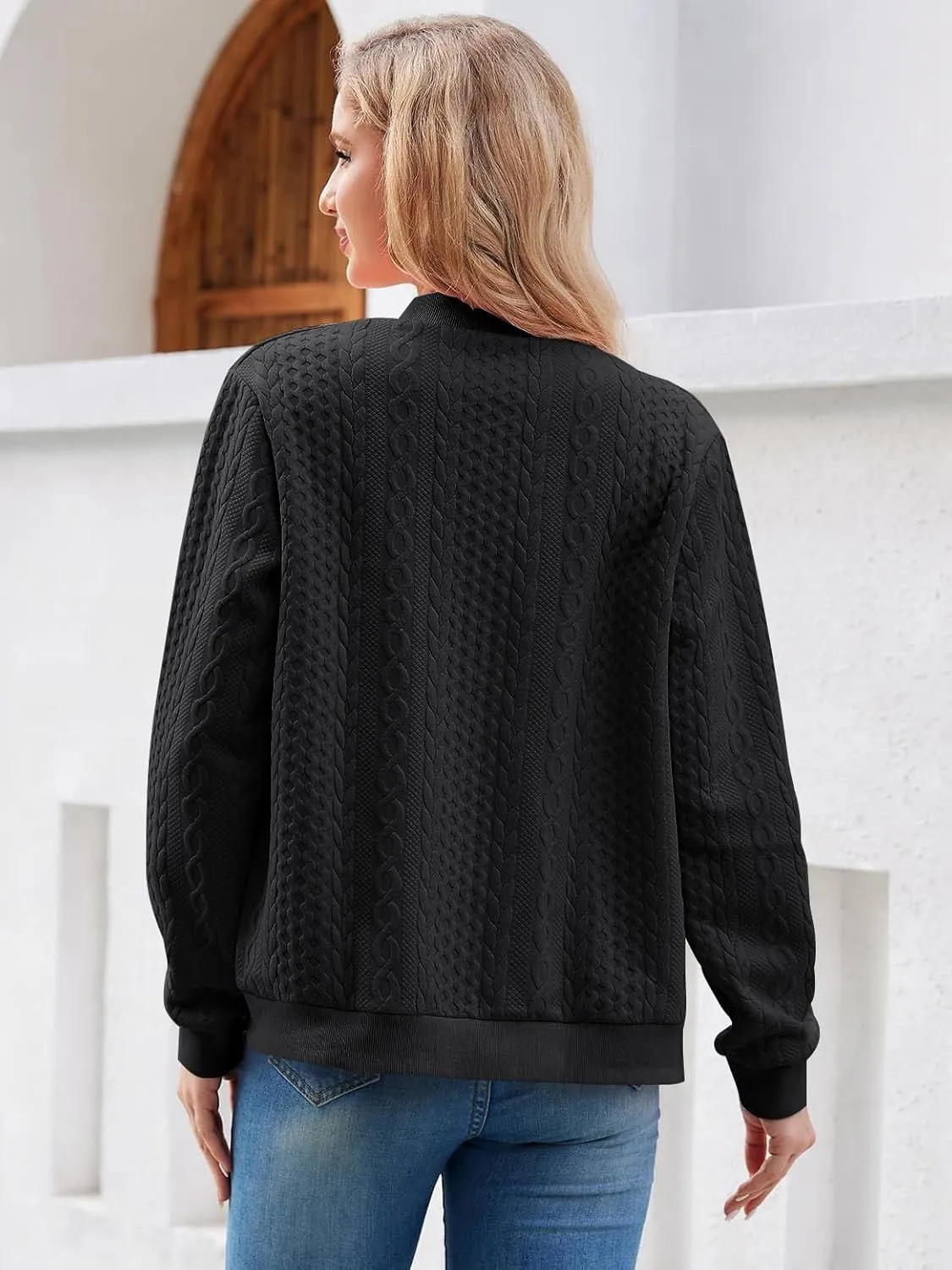 Women's Full Zip Sweatshirt Jacket Stand Collar Hoodless Outerwear Casual Coat with Pockets