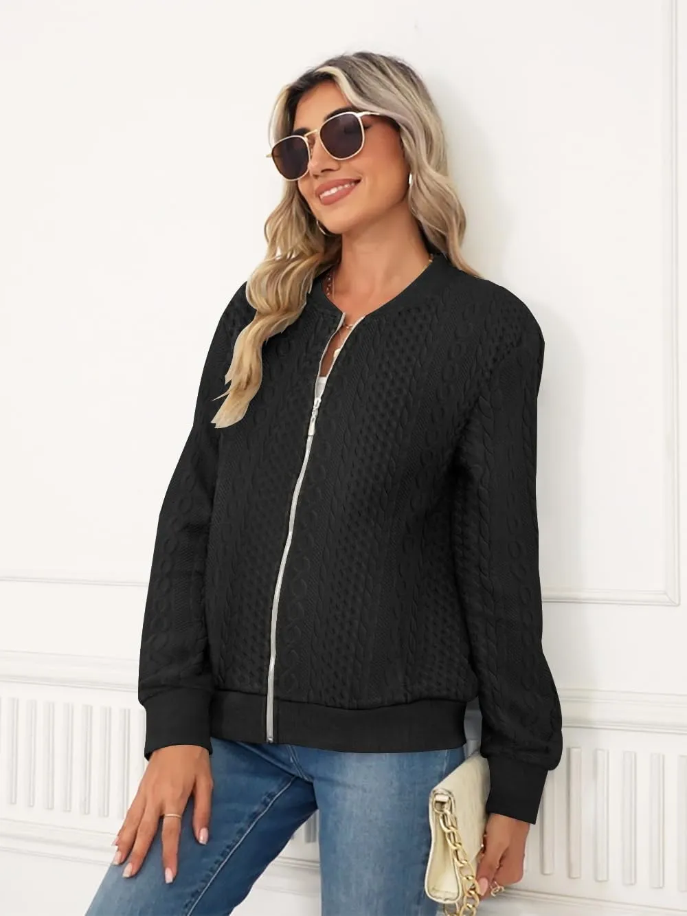 Women's Full Zip Sweatshirt Jacket Stand Collar Hoodless Outerwear Casual Coat with Pockets
