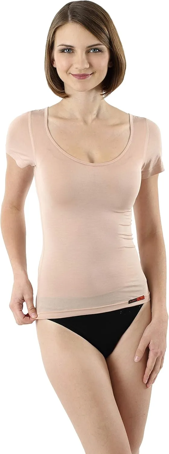 Women's Invisible deep Scoop Neck Business Undershirt with Short Sleeves Micromodal Light Nude Beige