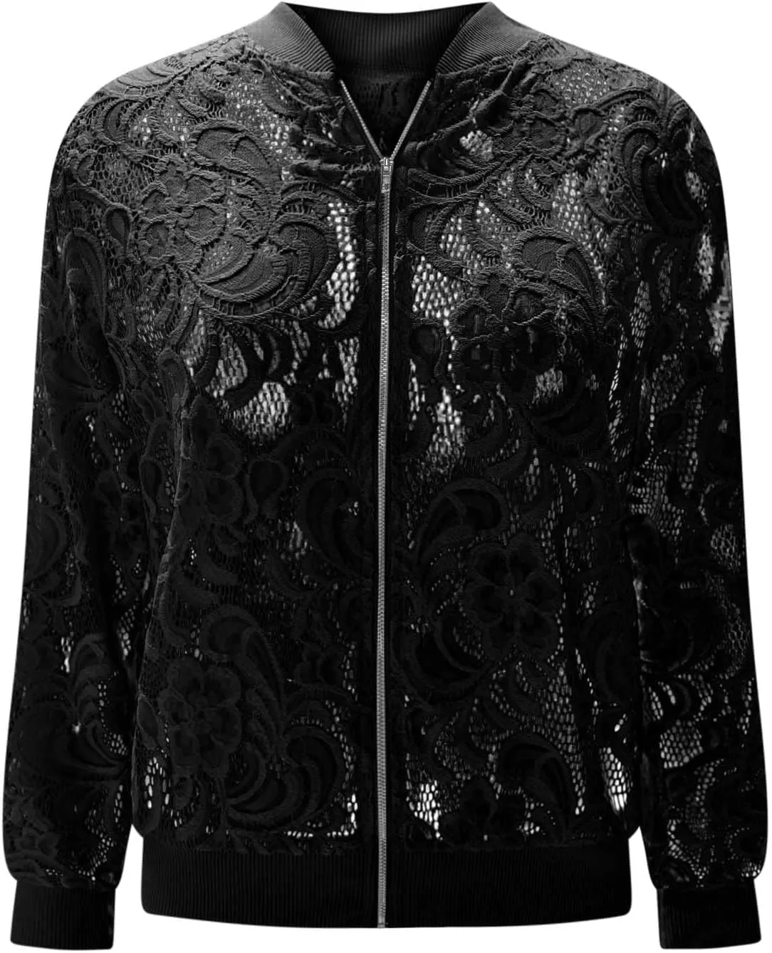 Womens Lace Sheer Bomber Jacket Mock Neck See Through Long Sleeve Full Zip Cropped Coat Fall Fashion Elegant Outerwear