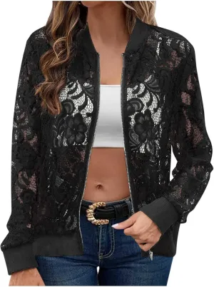 Womens Lace Sheer Bomber Jacket Mock Neck See Through Long Sleeve Full Zip Cropped Coat Fall Fashion Elegant Outerwear