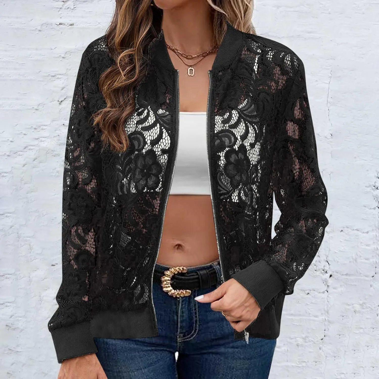 Womens Lace Sheer Bomber Jacket Mock Neck See Through Long Sleeve Full Zip Cropped Coat Fall Fashion Elegant Outerwear