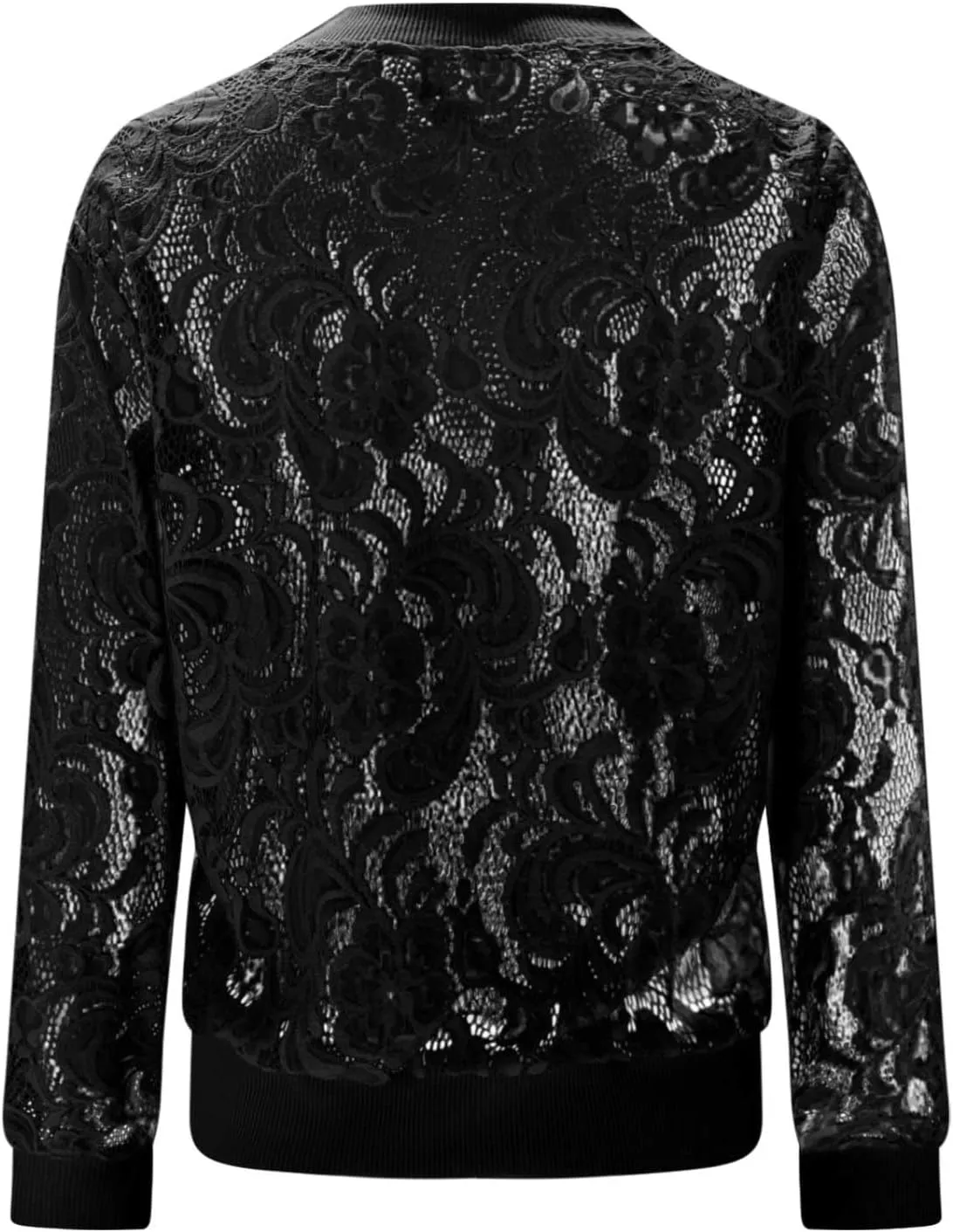 Womens Lace Sheer Bomber Jacket Mock Neck See Through Long Sleeve Full Zip Cropped Coat Fall Fashion Elegant Outerwear