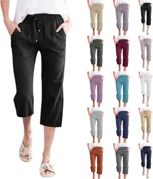 Womens Linen Capri Pants 2024 Summer Casual High Waist Drawstring Elastic Loose Soft Pockets Wide Leg Cropped Trousers, XX-Large, Style A-black