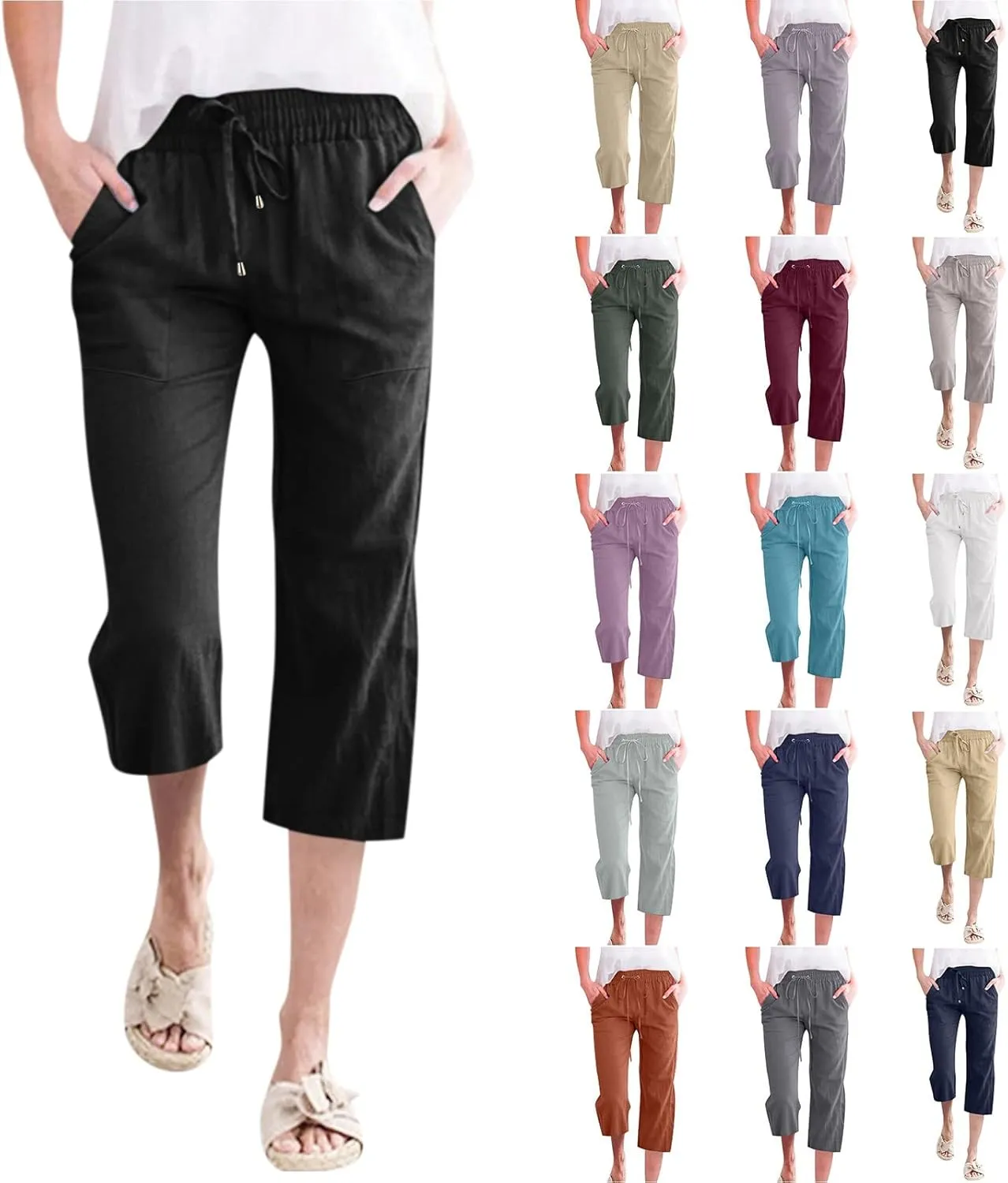 Womens Linen Capri Pants 2024 Summer Casual High Waist Drawstring Elastic Loose Soft Pockets Wide Leg Cropped Trousers, XX-Large, Style A-black