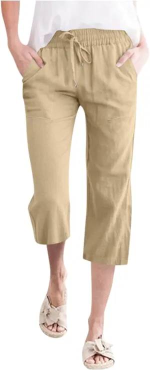 Womens Linen Capri Pants 2024 Summer Casual High Waist Drawstring Elastic Loose Soft Pockets Wide Leg Cropped Trousers, XX-Large, Style A-khaki