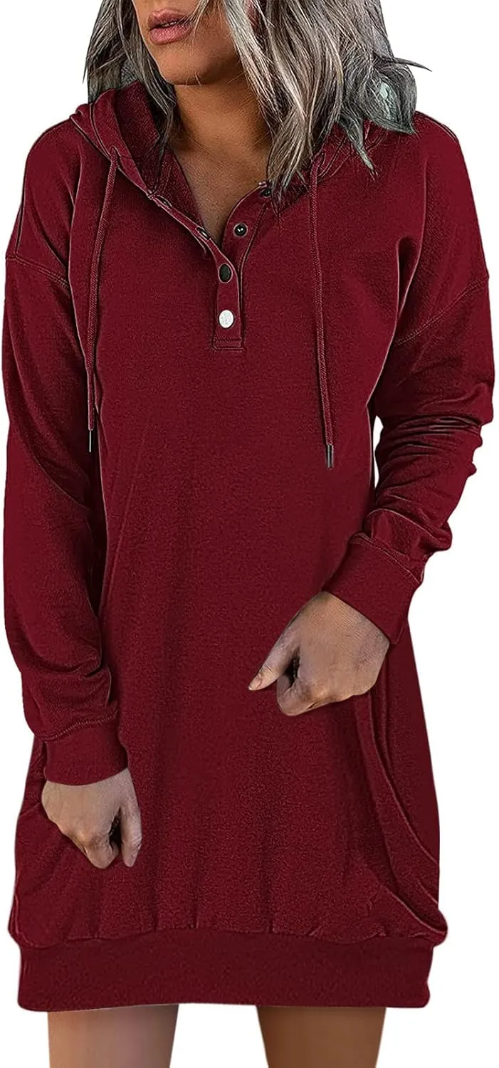Women's Long Hooded Sweatshirt Casual Oversized Solid Color Button Hooded Sweatshirt Drawstring Pullover