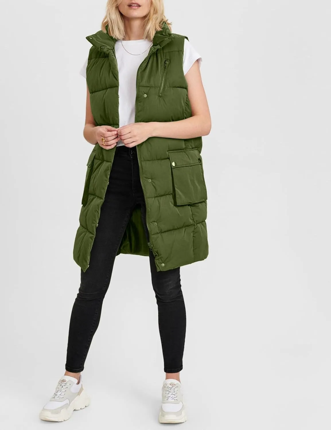 Women's Long Puffer Vest Oversized Stand Collar Quilted Lightweight Sleeveless Vests Outerwear Jacket