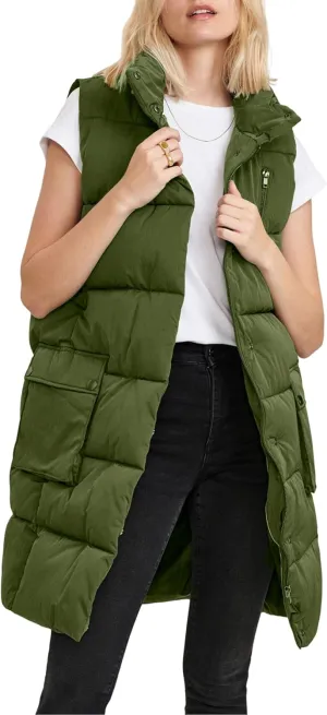 Women's Long Puffer Vest Oversized Stand Collar Quilted Lightweight Sleeveless Vests Outerwear Jacket