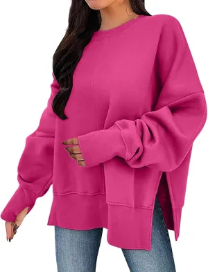 Women's Oversized Sweatshirt Fleece Hoodies Casual Crew Neck Loose Fit Side Slit Pullover Tops with Pockets