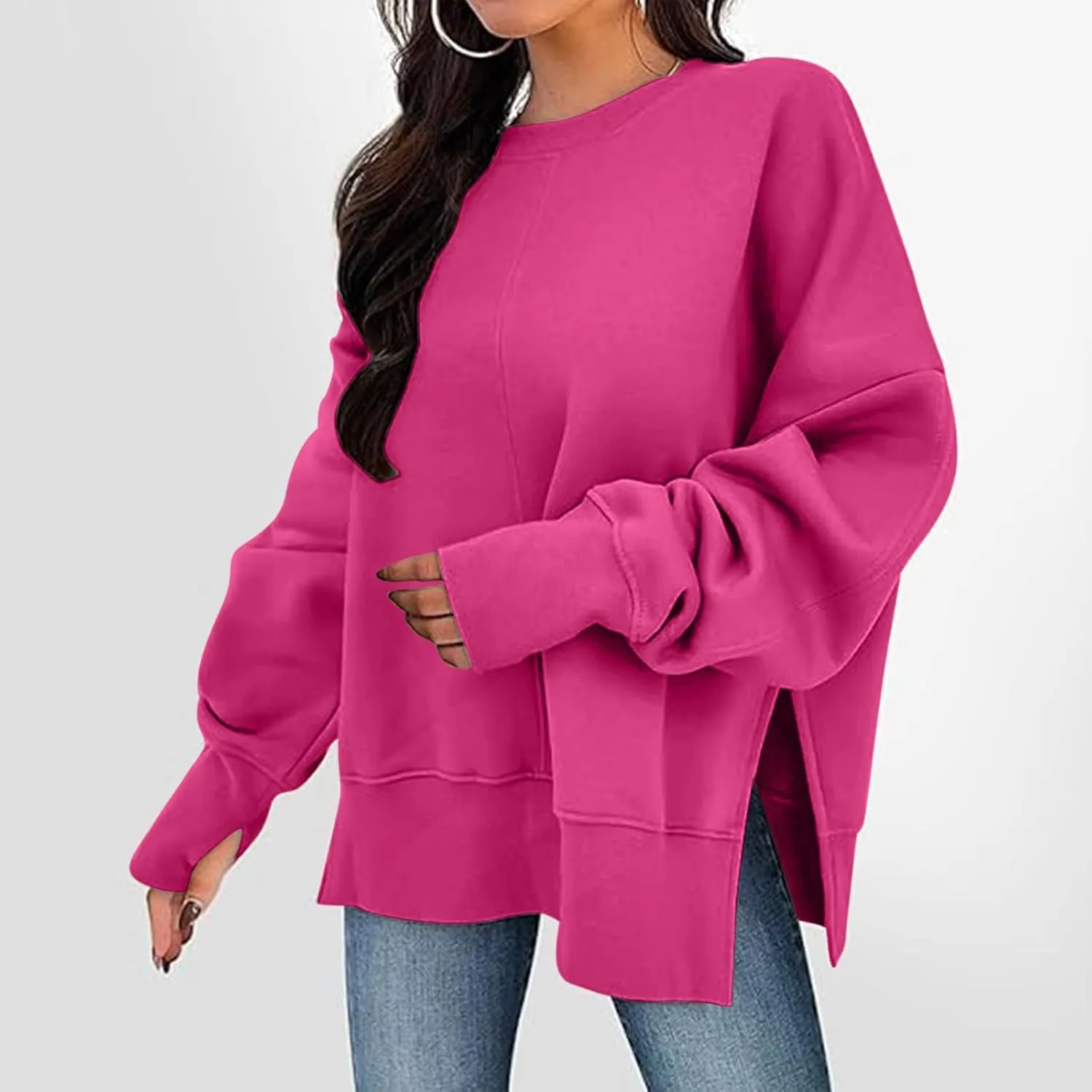 Women's Oversized Sweatshirt Fleece Hoodies Casual Crew Neck Loose Fit Side Slit Pullover Tops with Pockets