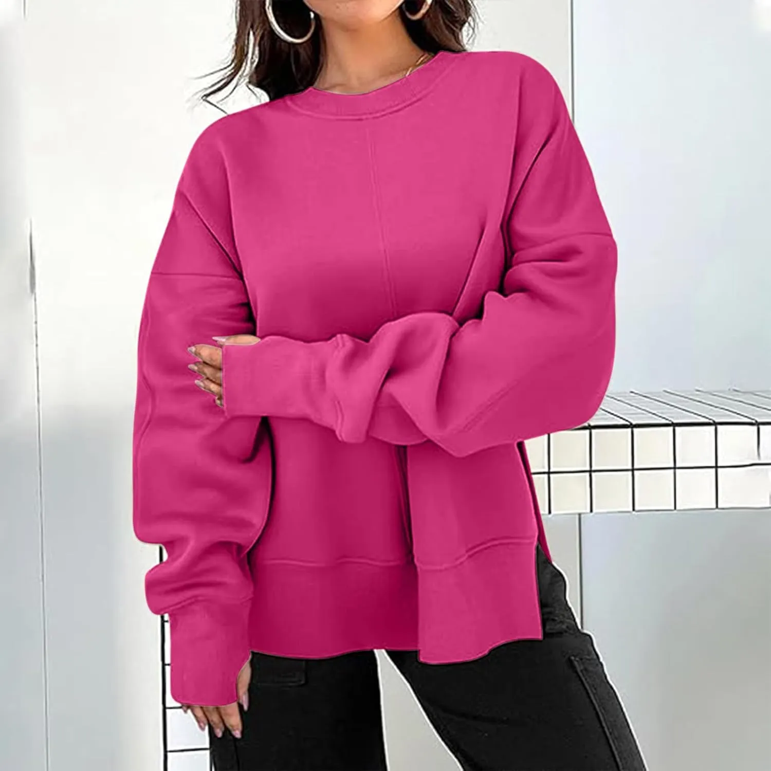 Women's Oversized Sweatshirt Fleece Hoodies Casual Crew Neck Loose Fit Side Slit Pullover Tops with Pockets