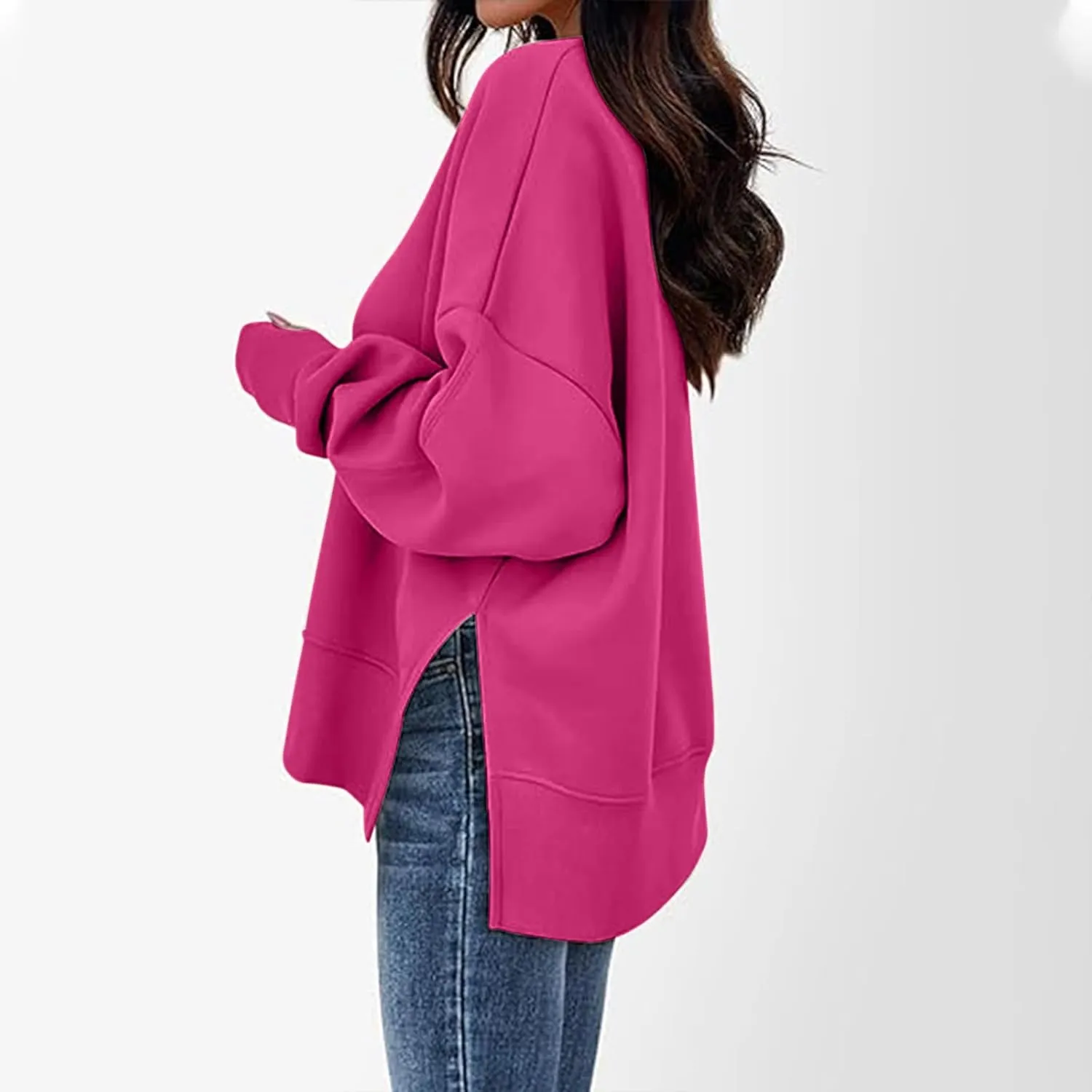 Women's Oversized Sweatshirt Fleece Hoodies Casual Crew Neck Loose Fit Side Slit Pullover Tops with Pockets