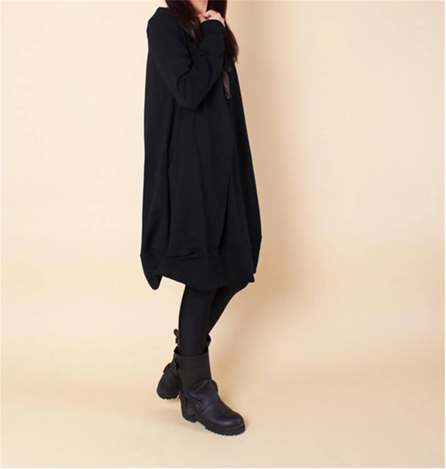 Womens Pleated Plus Size Midi Dress Crew Neck Long Sleeve Solid Color Loose Retro Flowy A Line Dress with Pockets