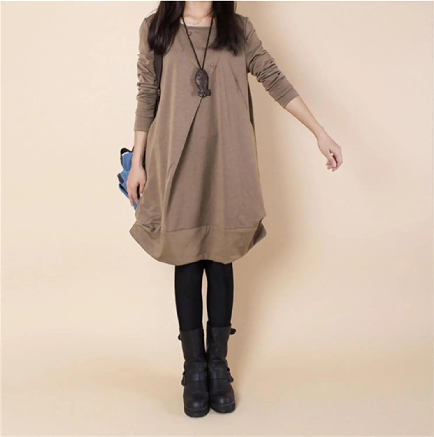 Womens Pleated Plus Size Midi Dress Crew Neck Long Sleeve Solid Color Loose Retro Flowy A Line Dress with Pockets
