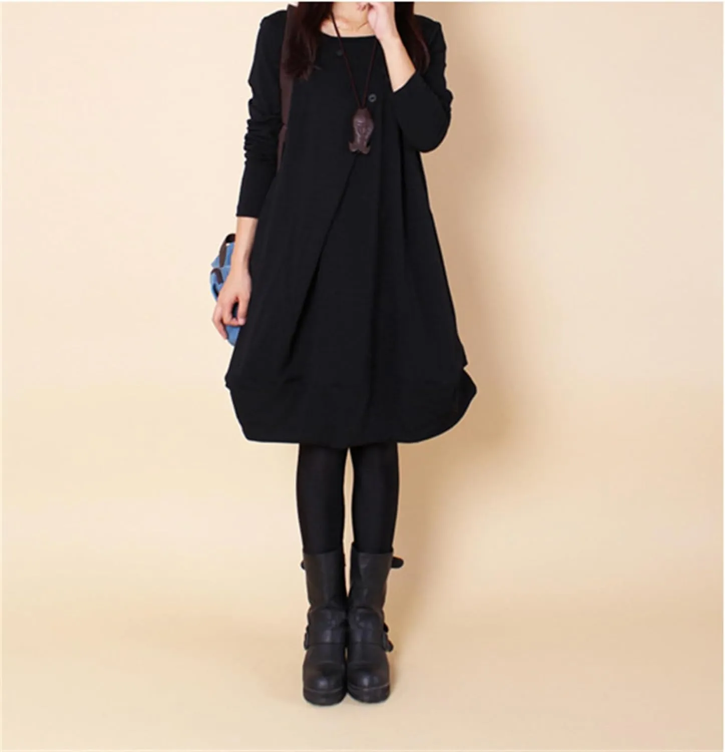 Womens Pleated Plus Size Midi Dress Crew Neck Long Sleeve Solid Color Loose Retro Flowy A Line Dress with Pockets