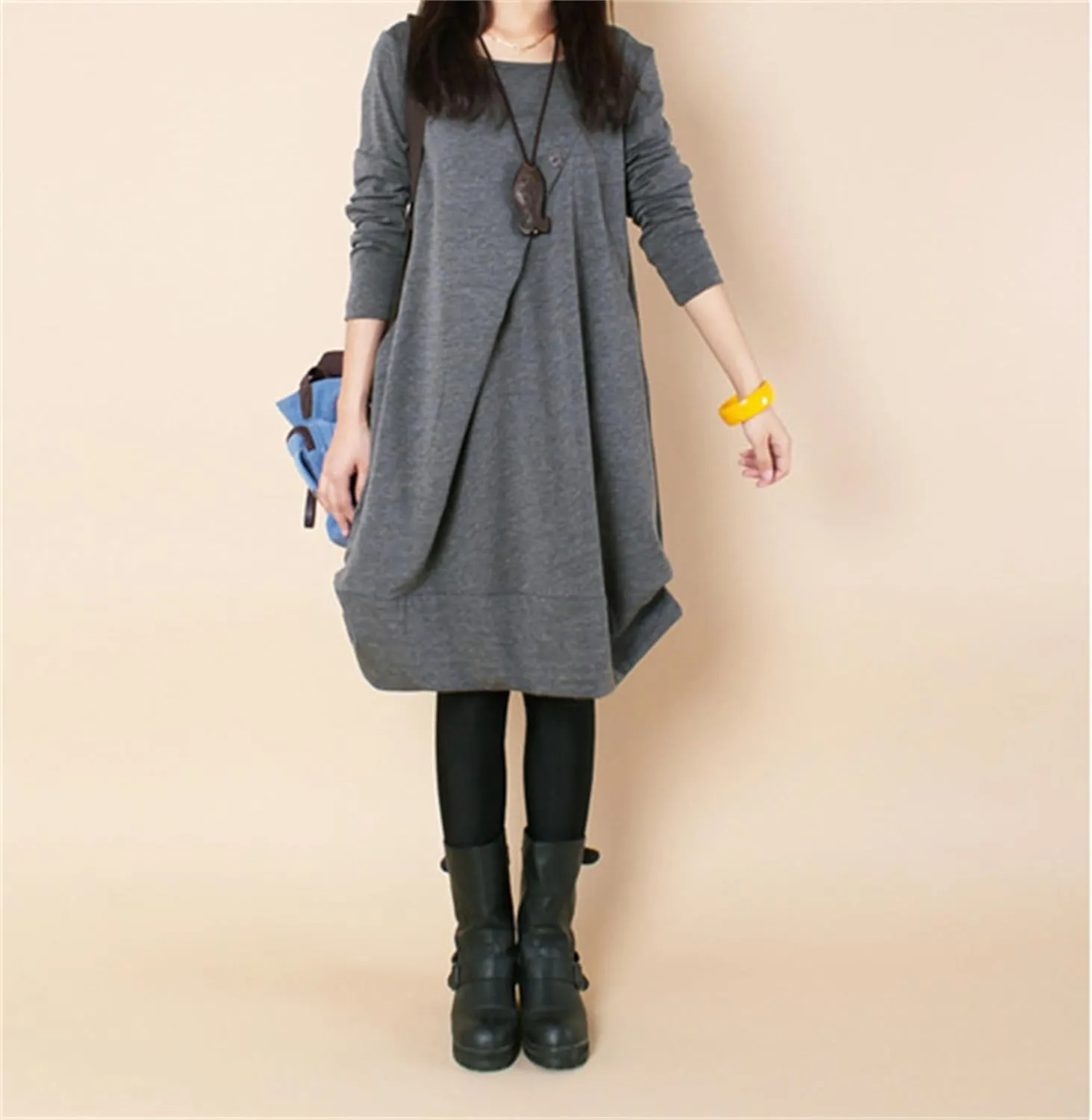 Womens Pleated Plus Size Midi Dress Crew Neck Long Sleeve Solid Color Loose Retro Flowy A Line Dress with Pockets